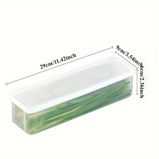 Two large plastic food storage containers designed for organizing vegetables in the refrigerator. These durable kitchen organization boxes feature a secure seal and require no electricity. Perfect for use as desk and drawer organizers for home storage.