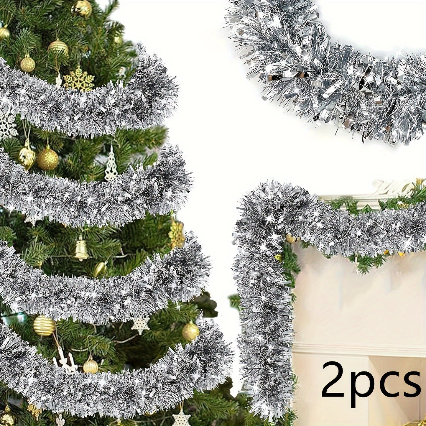 2-Pack of Plastic Tinsel Garlands for Christmas Decor, Suitable for Indoor and Outdoor Use