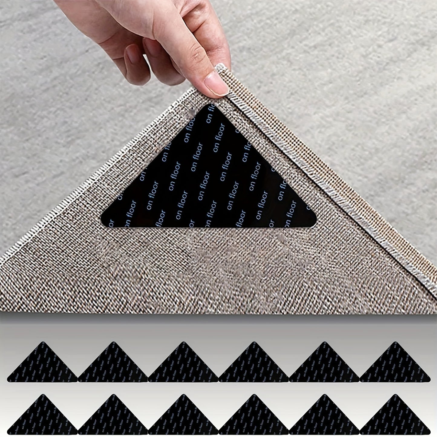 8/12pcs Triangle Non-Slip Rug Corner Pads in Black prevent rugs from moving in living room, dining room, or bathroom.