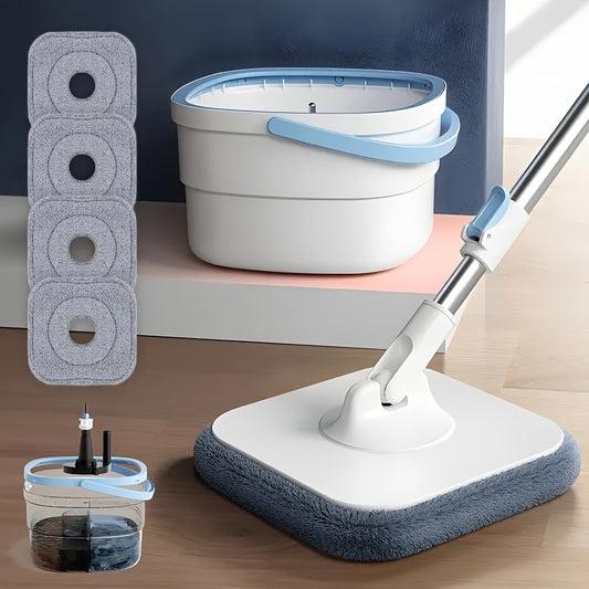 Deluxe Hands-Free Rotating Mop and Bucket Set with 4 Microfiber Pads for Easy Wet & Dry Cleaning in Home, Kitchen, Bathroom - Space-Saving, Durable & Efficient