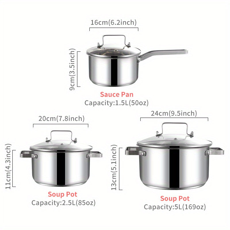 Set of 6 Pure Cook SUS304 Stainless Steel Cooking Pots with Glass Lids - Includes Saucepan, Soup Pot, and Kitchen Cookware. Compatible with Induction, Electric, and Gas Cooktops. Standard set is dishwasher safe.