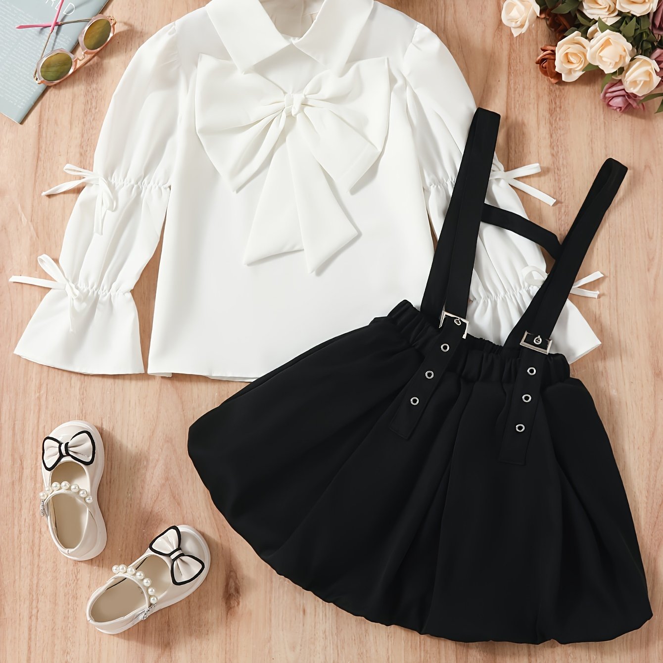 2024 New Girls' Spring/Autumn Outfit: Modern Baroque Pleated Bow Shirt with Suspender Skirt, Two-Piece Set.