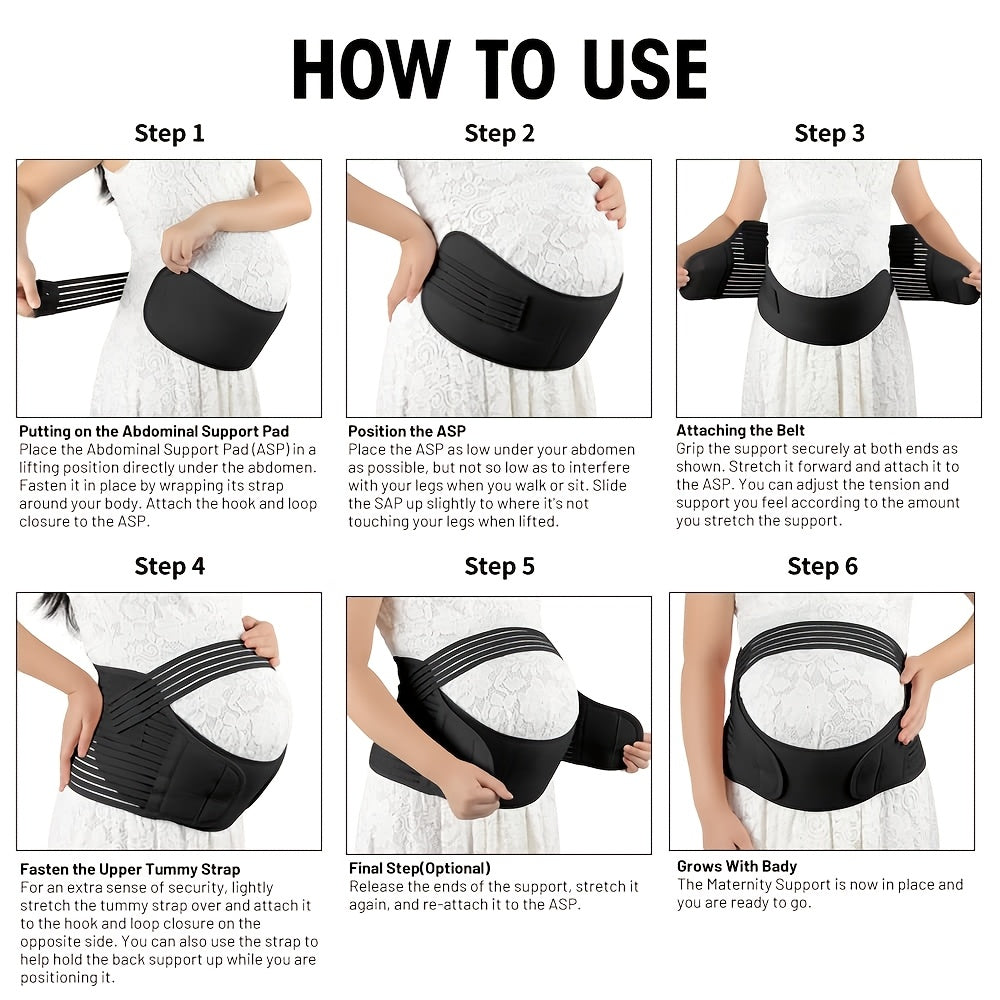 A versatile maternity belly band made of soft polyester, providing support during pregnancy for back pain relief, hip and pelvic support. It is portable, lightweight, and an ideal Christmas and holiday gift for expectant mothers 14 and older.