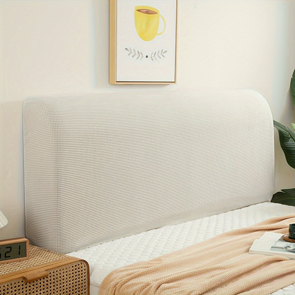 Machine washable bed headboard cover made of polyester fiber fill, inspired by macarons, featuring a soft and stylish corn texture.