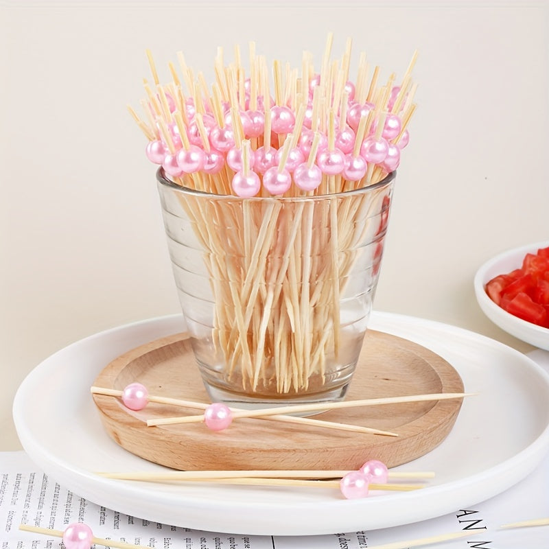 100 packs of bamboo and pearl sticks for fruit forks, party activities, cakes, desserts, and snacks.