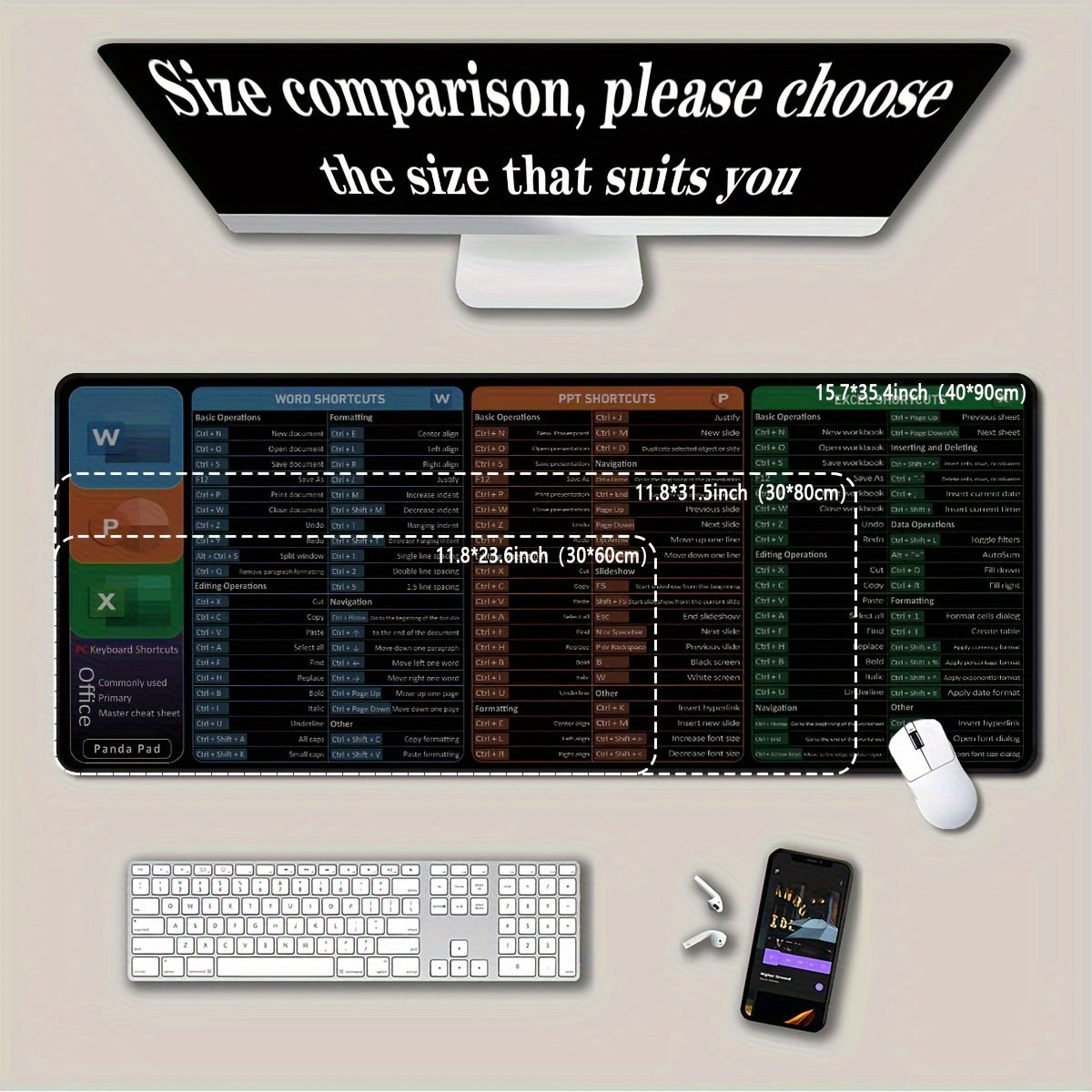 XL mouse pad with printed shortcuts for Word, PPT, Excel - non-slip, washable for home, office, gaming. Ideal gift for loved one.