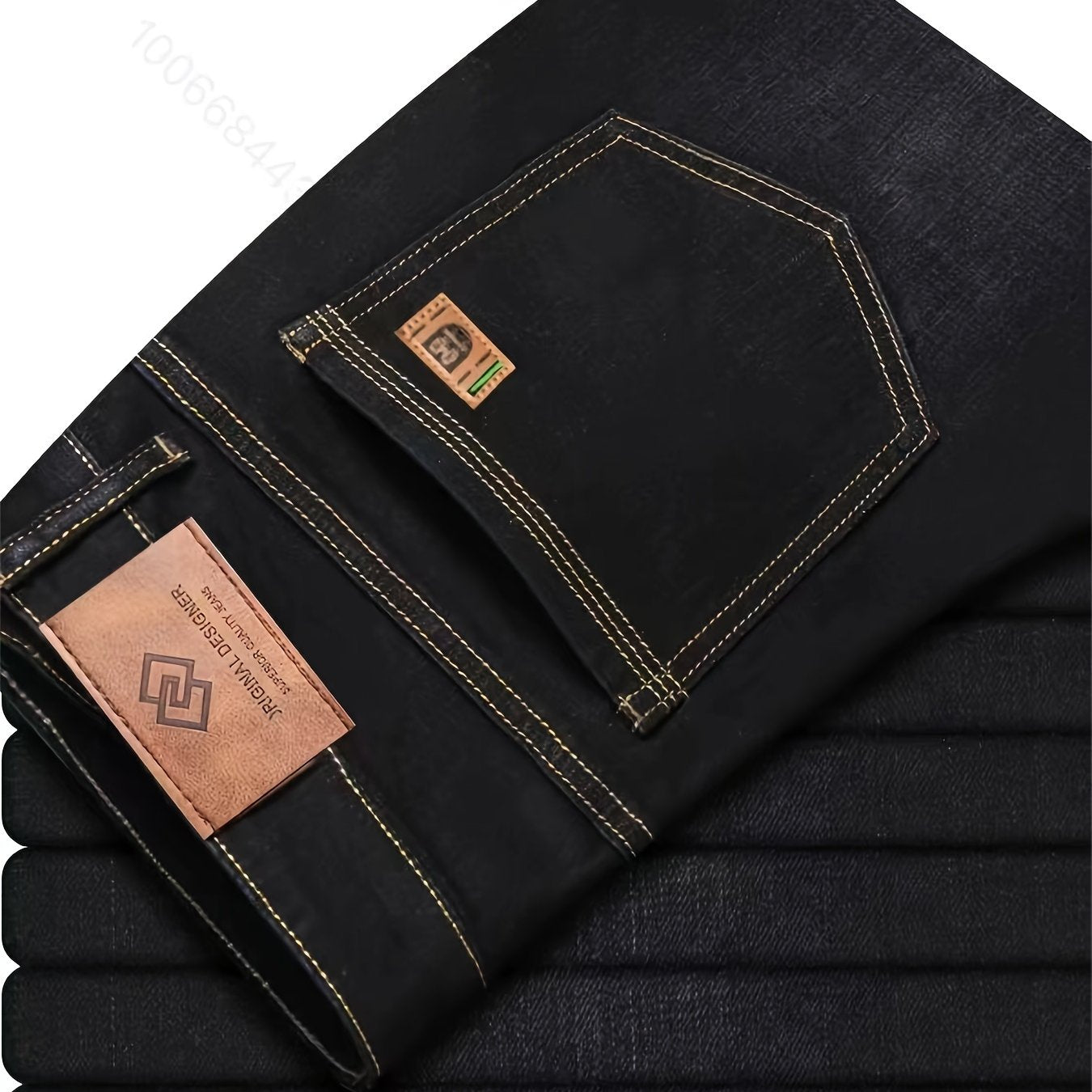 Men's solid denim trousers with pockets, casual cotton blend jeans for outdoor activities.