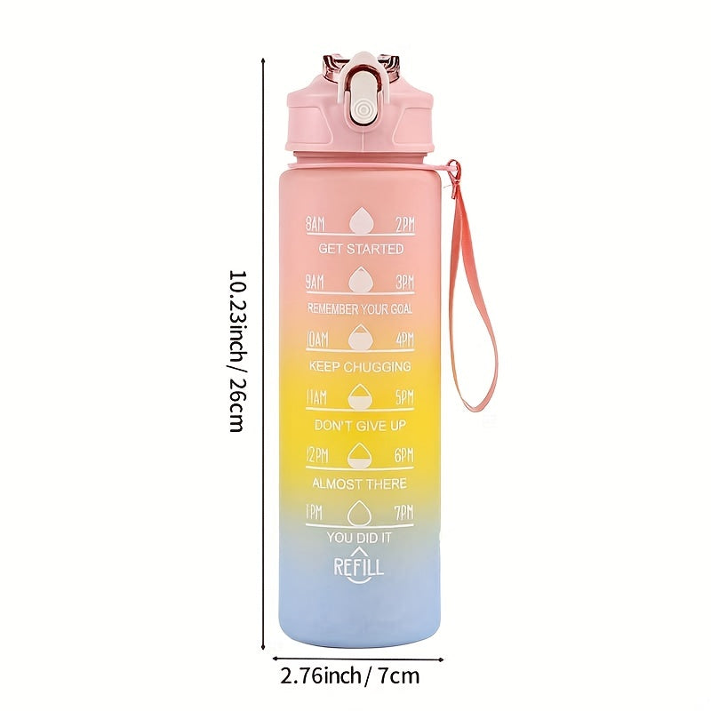 Lightweight sports water bottle with straw, gradient color, motivational phrases, large capacity, BPA-free, ideal for hiking and camping.