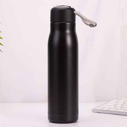 Personalized thermos bottle with laser-engraved text on stainless steel featuring rope design.