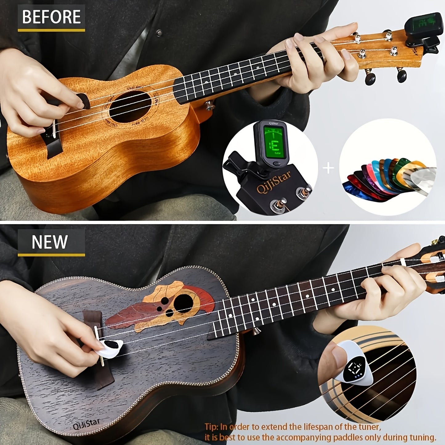 QiJiStar 2-in-1 Gitara Piki va Tuner - Xalq gitarlari va ukulelalar uchun portativ tonni kalibrlovchi, 12-tonli teng temperament, oq ABS qatroni, batareya bilan ishlaydi