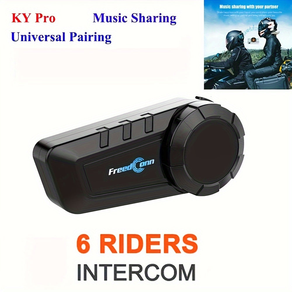 Freedconn KY Pro Motorcycle Intercom Helmet Headset for 6 riders with noise control, voice command, and walkie-talkie compatibility. Comes with USB charging cable.