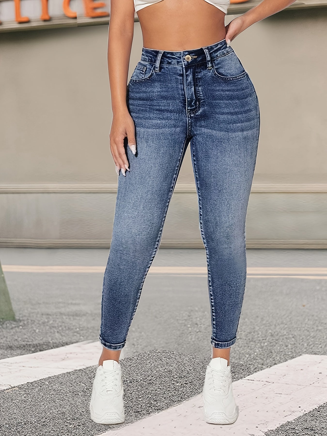 Women's Vintage Blue Stretch Skinny Jeans made with high-quality, durable denim featuring slash pockets. Suitable for all seasons.