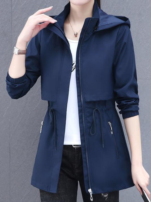 Zip-up windbreaker hoodie jacket with drawstring waist, slant pockets, suitable for spring and fall. Women's casual clothing.