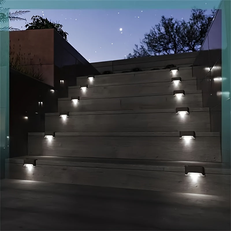 8 outdoor solar deck lights for stairs, fences, patios, gardens, and pathways. Features light sensor, removable fixture, and 600mAh nickel battery.