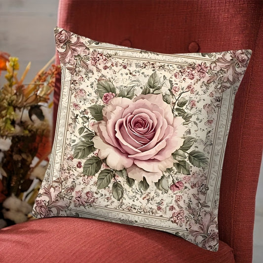 Rustic vintage rose floral throw pillow cover with double-sided peach skin velvet. Features elegant pink rose and green leaf design, perfect for farmhouse decor in the living room, sofa, or balcony. Machine washable with zip closure. Measures