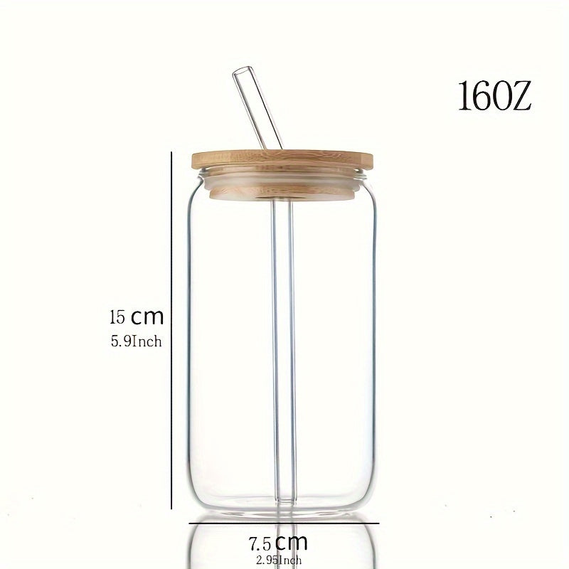 16oz printed glass cup with straw and lid, ideal for various beverages, reusable and recyclable, hand wash only.