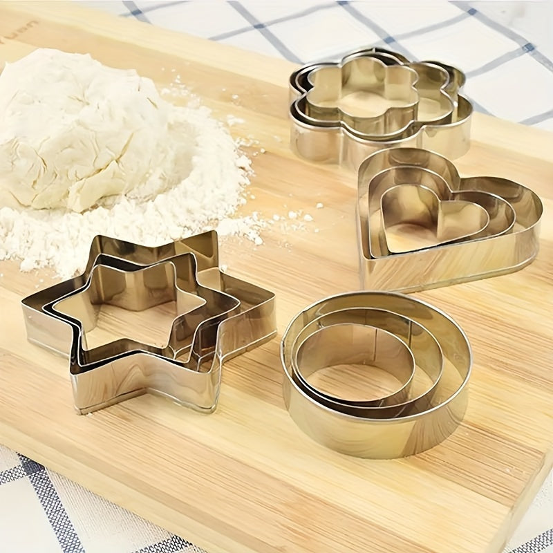 Set of 12 Stainless Steel Cookie Cutters in a Variety of Shapes such as Flowers, Circles, Hearts, and Stars - Perfect for Baking, Cake Decorating, and More. Ideal for Parties and Everyday Use in the Kitchen.