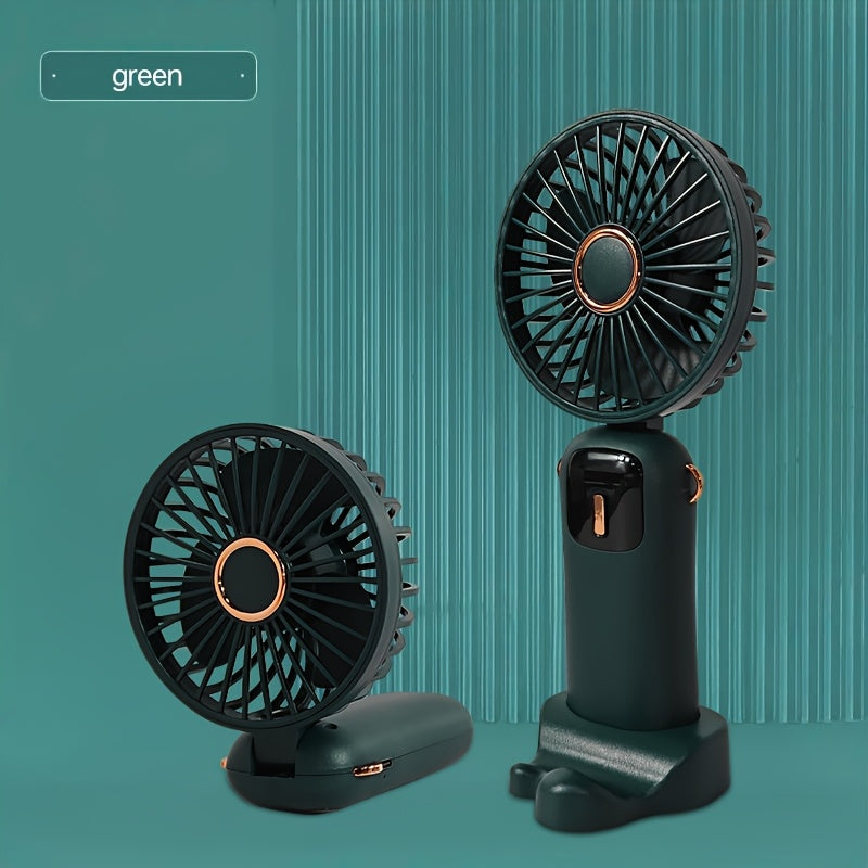 Stay cool on-the-go with the Sleek Portable Mini Fan featuring LED Display. This 5-speed adjustable fan is USB rechargeable and foldable for easy storage. With a 1200mAh battery, it's perfect for use on your desk, in the office, bedroom, or while