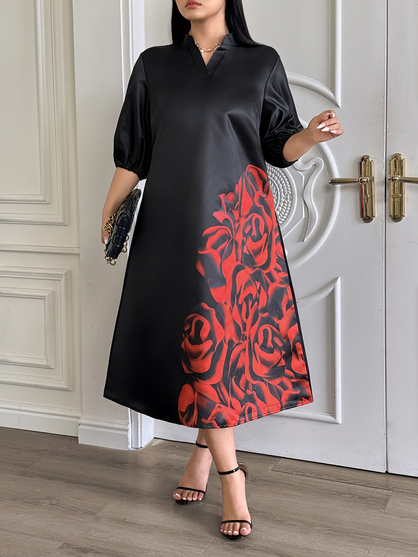 1pc Elegant Women's V-Neck Dress with Red Rose Print, 100% Polyester, Versatile Midi Length, Non-Stretch Fabric