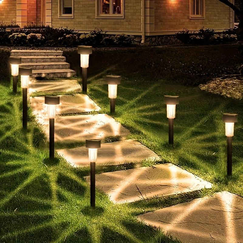 10-pack of solar landscape lights for outdoor lighting, perfect for paths, patios, lawns, and driveways. Features plastic construction, semi-embedded installation, switch control, removable