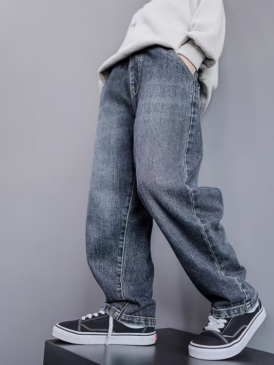 Boys' Letter Detail Denim Jeans - Spring/Fall 2024 Collection, Non-Stretch Fabric, Machine Washable, Long Pants