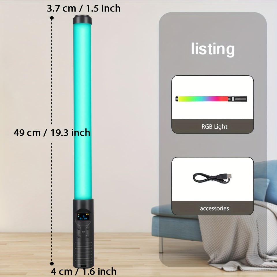 Handheld RGB video stick light with adjustable color temperature and CRI 95+, built-in battery, tripod stand, and dimmable panel for various uses.