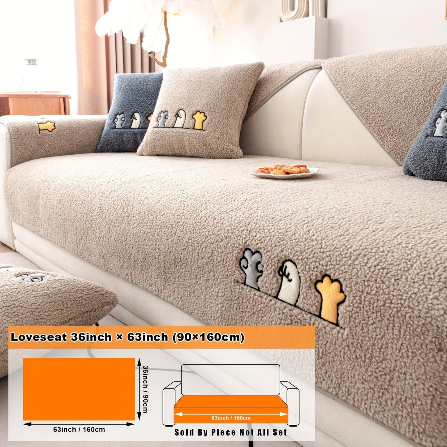 Modern plush sofa cover with paw pattern embroidery, non-slip protection for sofas, machine washable and suitable for various types of furniture.