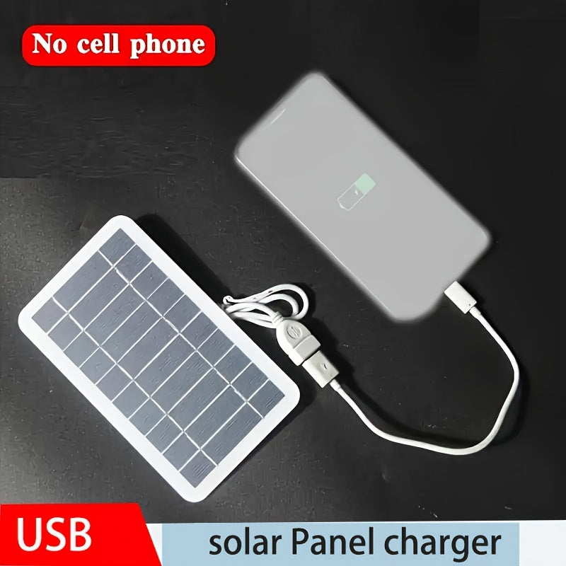 Portable outdoor solar USB charger with movable solar panel for charging phones, flashlights, and fans, ideal for travel, camping, and outings with pets.