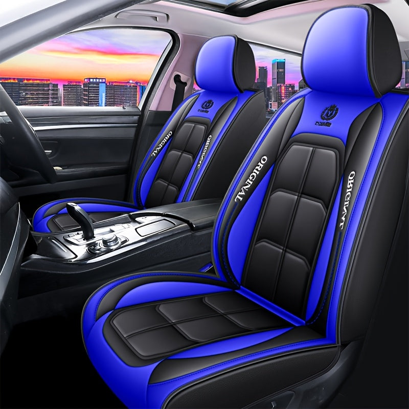 Durable PU leather car seat covers with red stitching and storage bags.