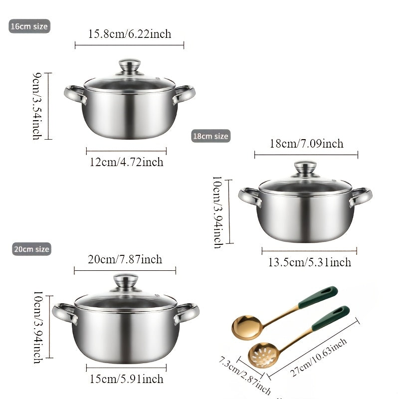 This set includes 6 pieces of stainless steel pots in total, featuring a silvery finish. It includes 3 pots and 3 lids, all equipped with stainless steel double handles and deep design, ideal for cooking soup, hot pot, noodles, pasta, and seafood soup.