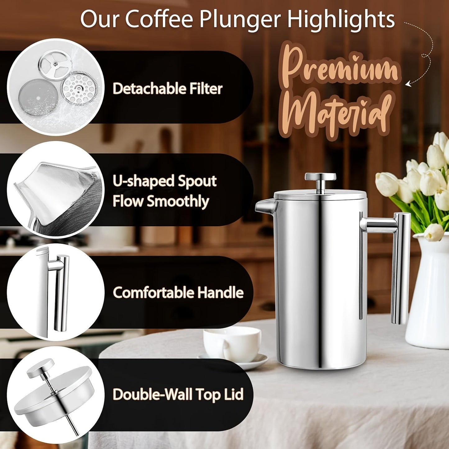 Stainless steel French press coffee pot is durable and ideal for making delicious coffee in the comfort of your home.