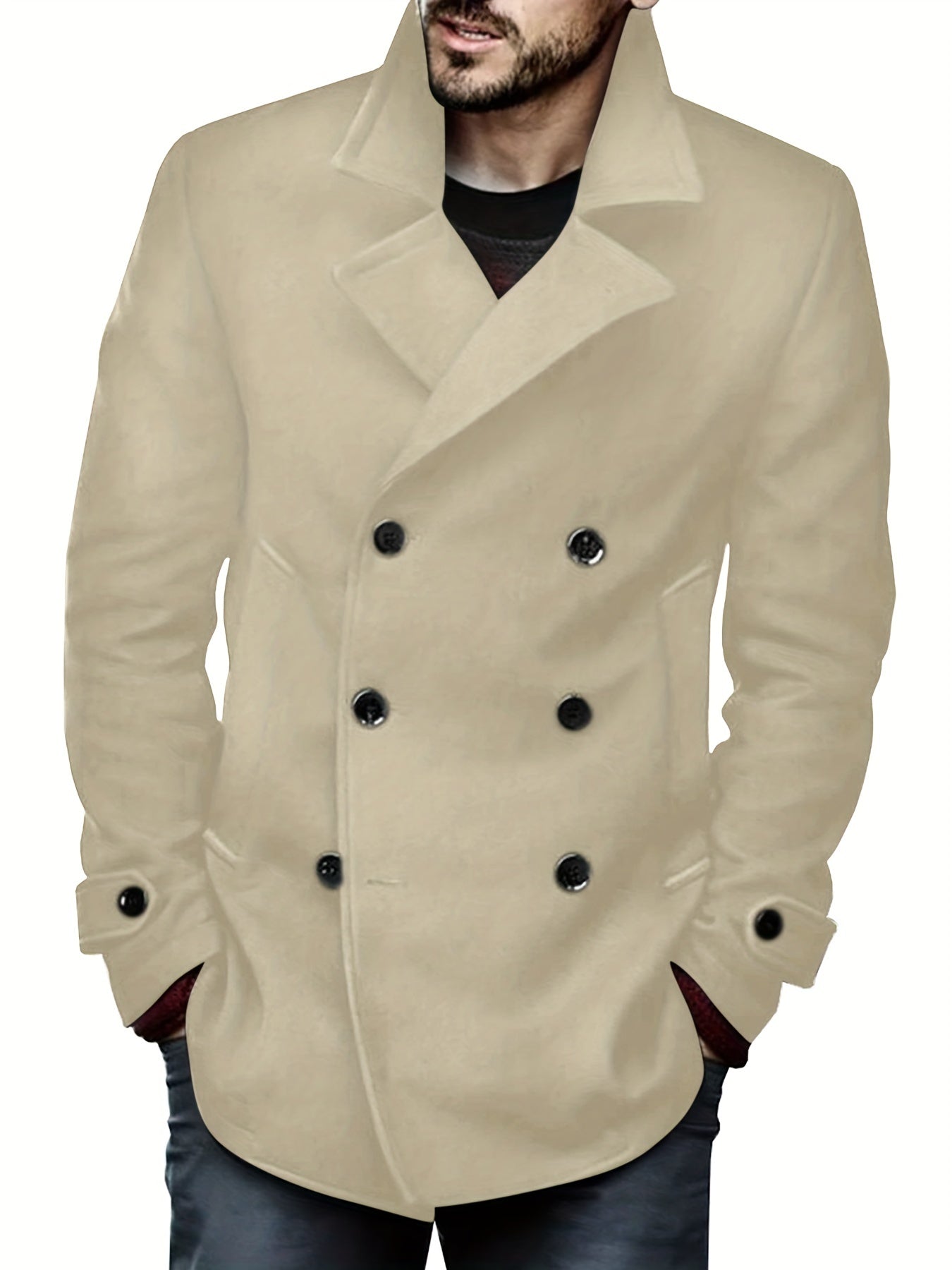 Men's fashion fleece coat for autumn/winter, double-breasted lapel coat, mid-length windbreaker for big & tall sizes.