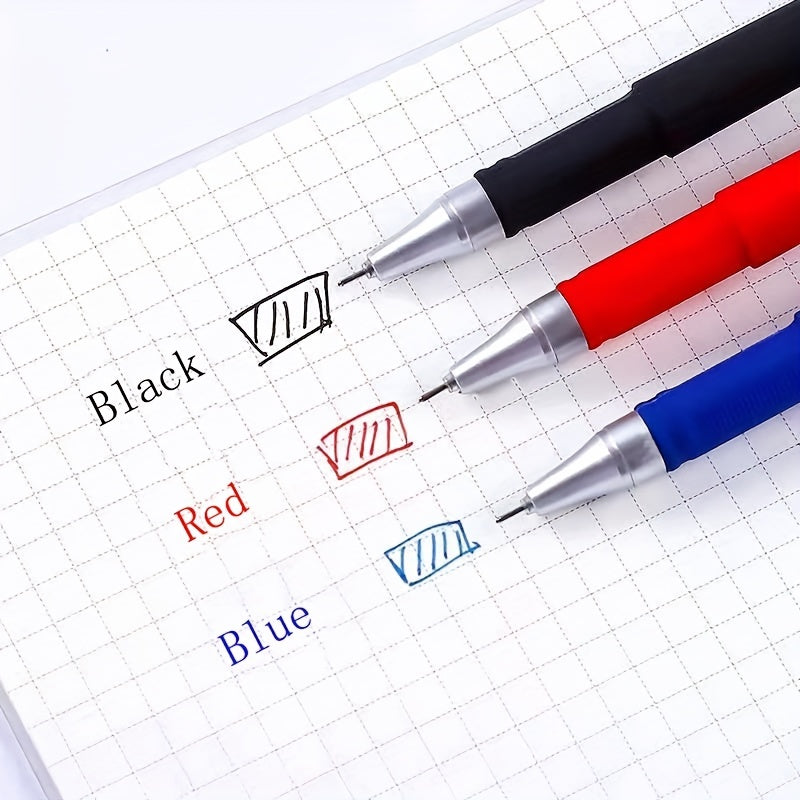 Set of gel pens in black, blue, and red with 0.5mm bullet tips for school and office supplies, kawaii stationery accessories.