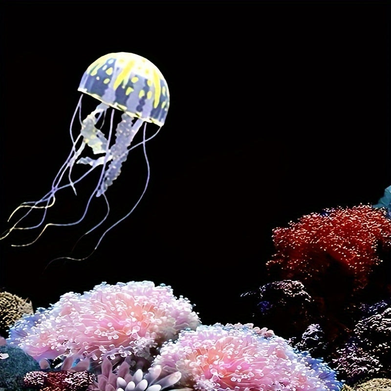 Luminous silicone jellyfish aquarium ornament for fish tank decoration.