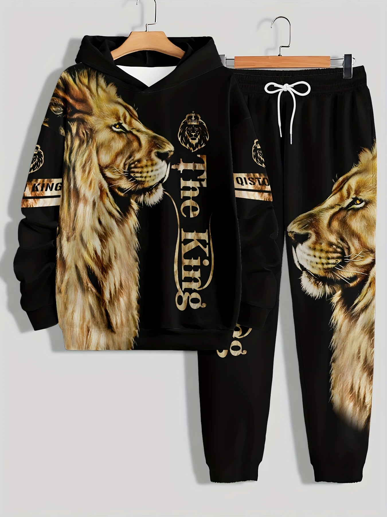 Men's lion print hoodie and sweatpants set made of polyester knit fabric. Regular fit with elastic waist and printed design for casual style.