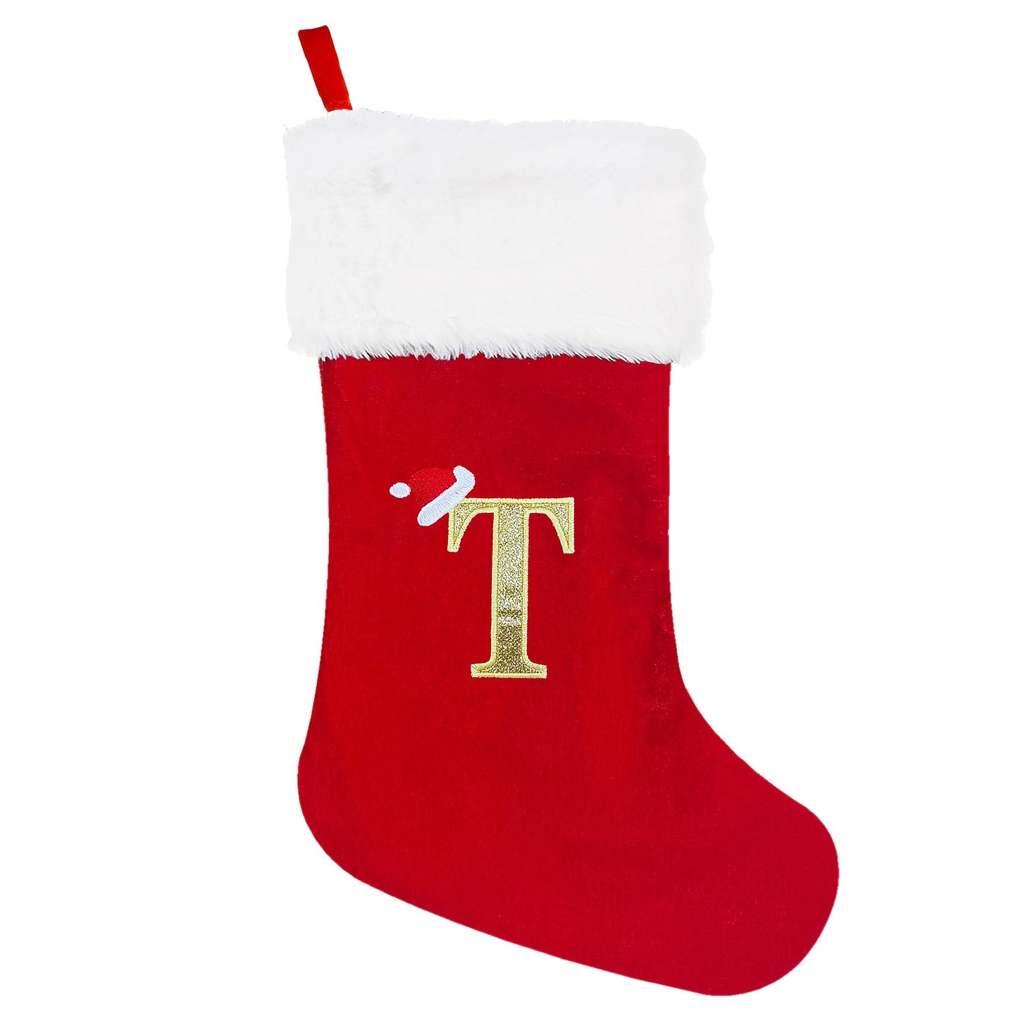 1 red velvet Christmas stocking with white plush cuffs, embroidered initial, 53.34 cm. Perfect for holiday parties and home decorations.