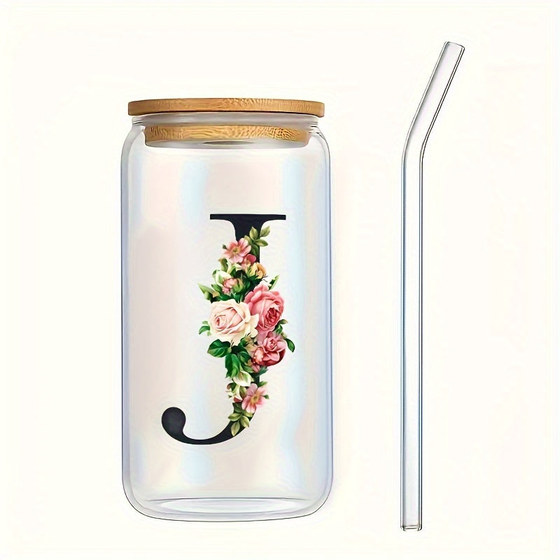 Alphabet flowers drinking glass with bamboo lid and straw, ideal birthday gift for women, friends, girls. 16 oz coffee glass, perfect for moms.