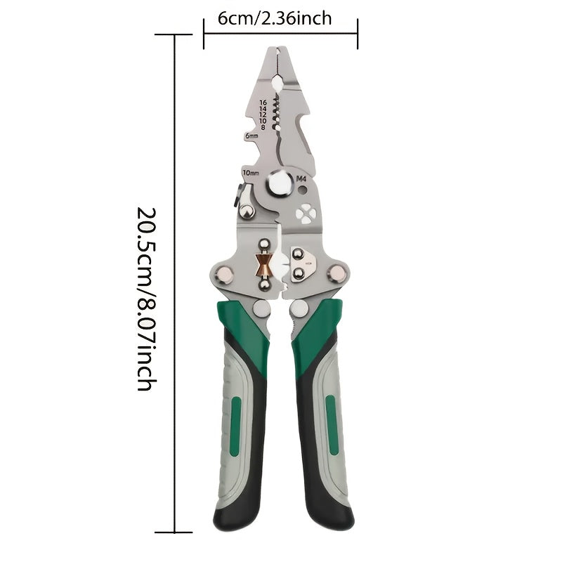 Multi-functional wire strippers made of industrial grade chrome vanadium steel with various functions for electricians, home renovation, and DIY projects.