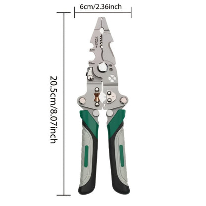 Multi-functional wire strippers made of industrial grade chrome vanadium steel with various functions for electricians, home renovation, and DIY projects.