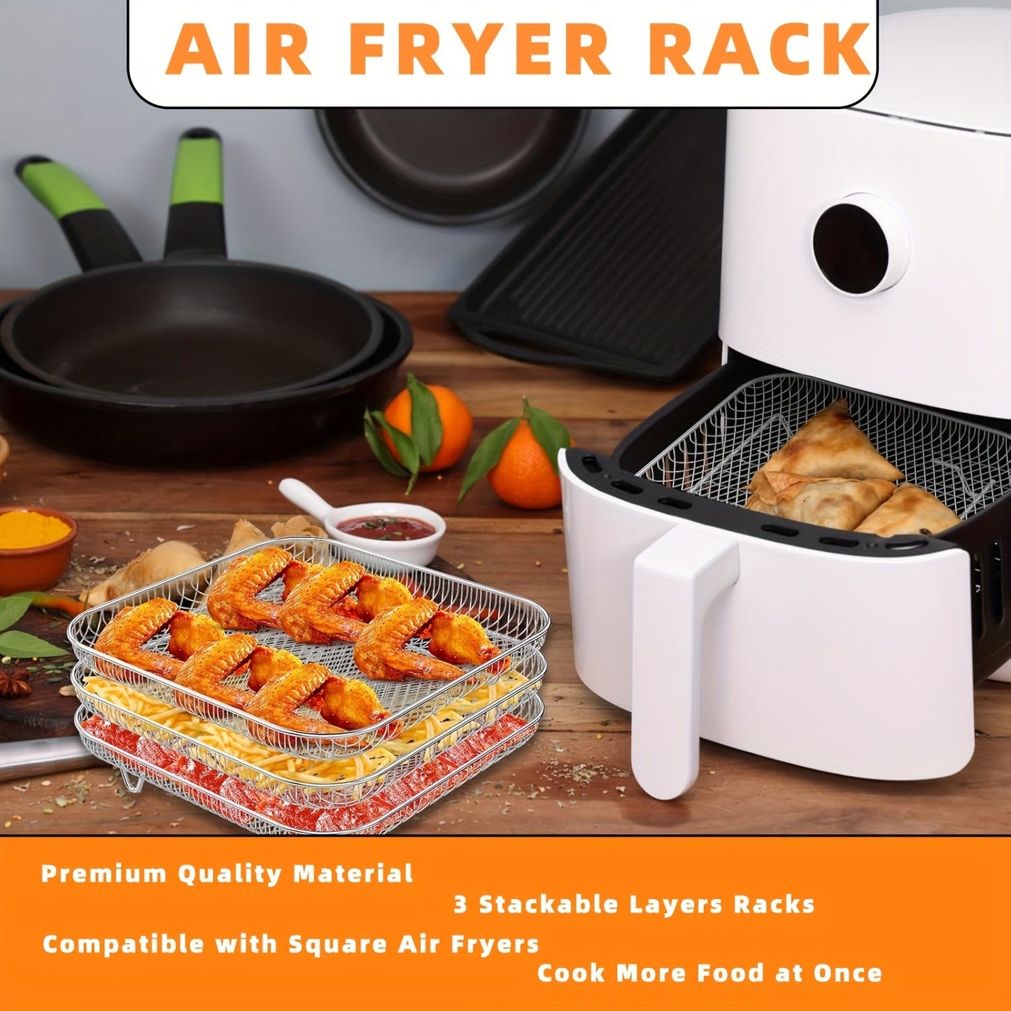 Upgrade your air fryer with these Square Air Fryer Accessories! This set includes three stackable stainless steel dehydrator racks, each measuring 20.32 cm. Perfect for use with popular air fryer models like Cosori, Instant Vortex, Nuwave, and Ninja