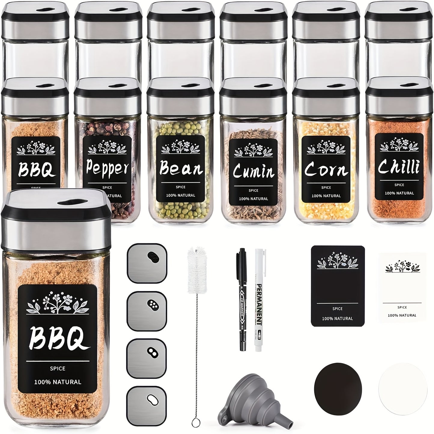 Square spice jars available in sets of 6, 12, or 24, with shaker cup inserts, 120ml thick glass jars, stainless steel twist locks, and a silver storage box.