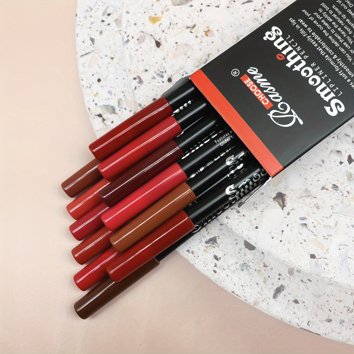 12pc Matte Lip Liner Pencil Set with assorted mocha shades for lip contouring and definition, perfect gift for women.