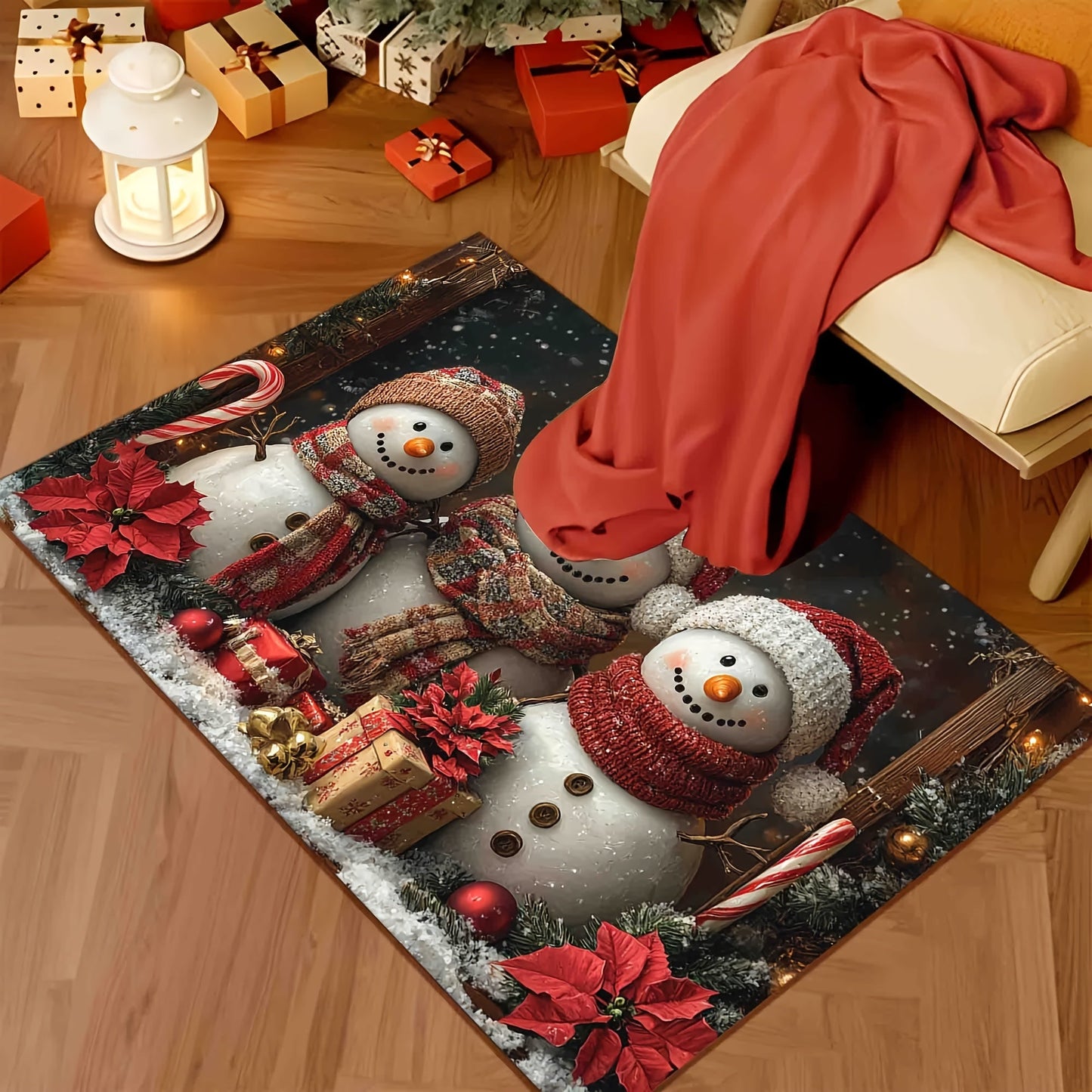 Get into the holiday spirit with our Festive Snowman Welcome Doormat! Made with non-slip, washable polyester, this Christmas floor mat features a vibrant snowmen and poinsettia design that is ideal for doorways, living rooms, bathrooms, and balconies.