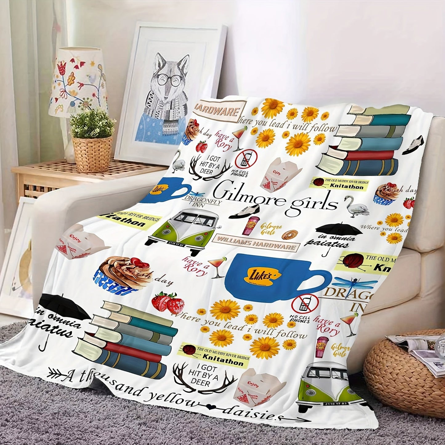 Soft and reversible flannel throw blanket inspired by Gilmore Girls, perfect for cozying up on the couch, bed, or in the office - a great birthday gift for foodies and fans of the show.