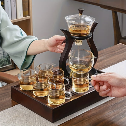 Lazy Kung Fu Glass Tea Set with infuser, magnetic switch, and teacup. Perfect for catering.