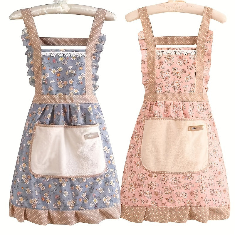 1pc Floral Lace Princess Apron with Hand Wipe Pocket - Ideal for Cleaning in Kitchen, Living Room, Bathroom