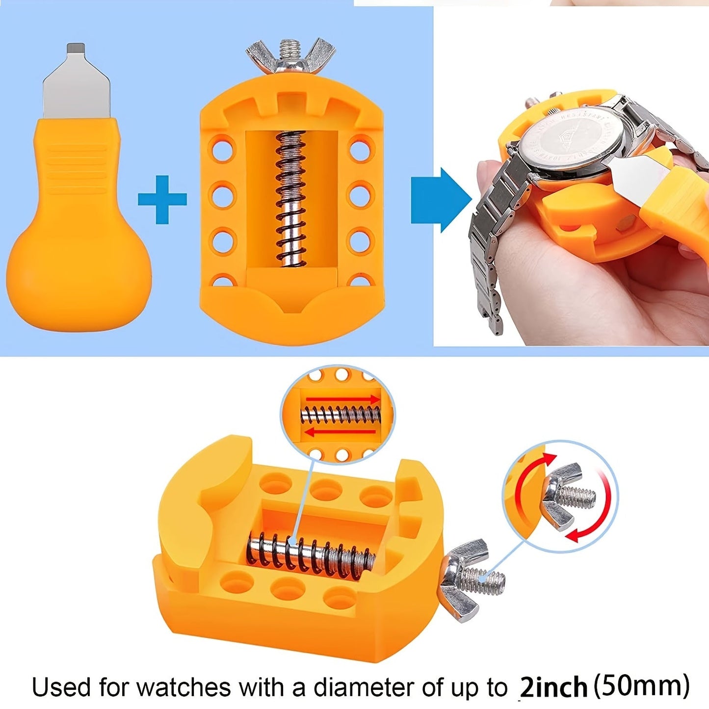 Ideal for gifting, this 32-piece watch battery replacement kit includes a watch repair screwdriver, watch band replacement tool, watch wrench back remover, watch case opener, watch back remover holder, spring bar, and tweezers.