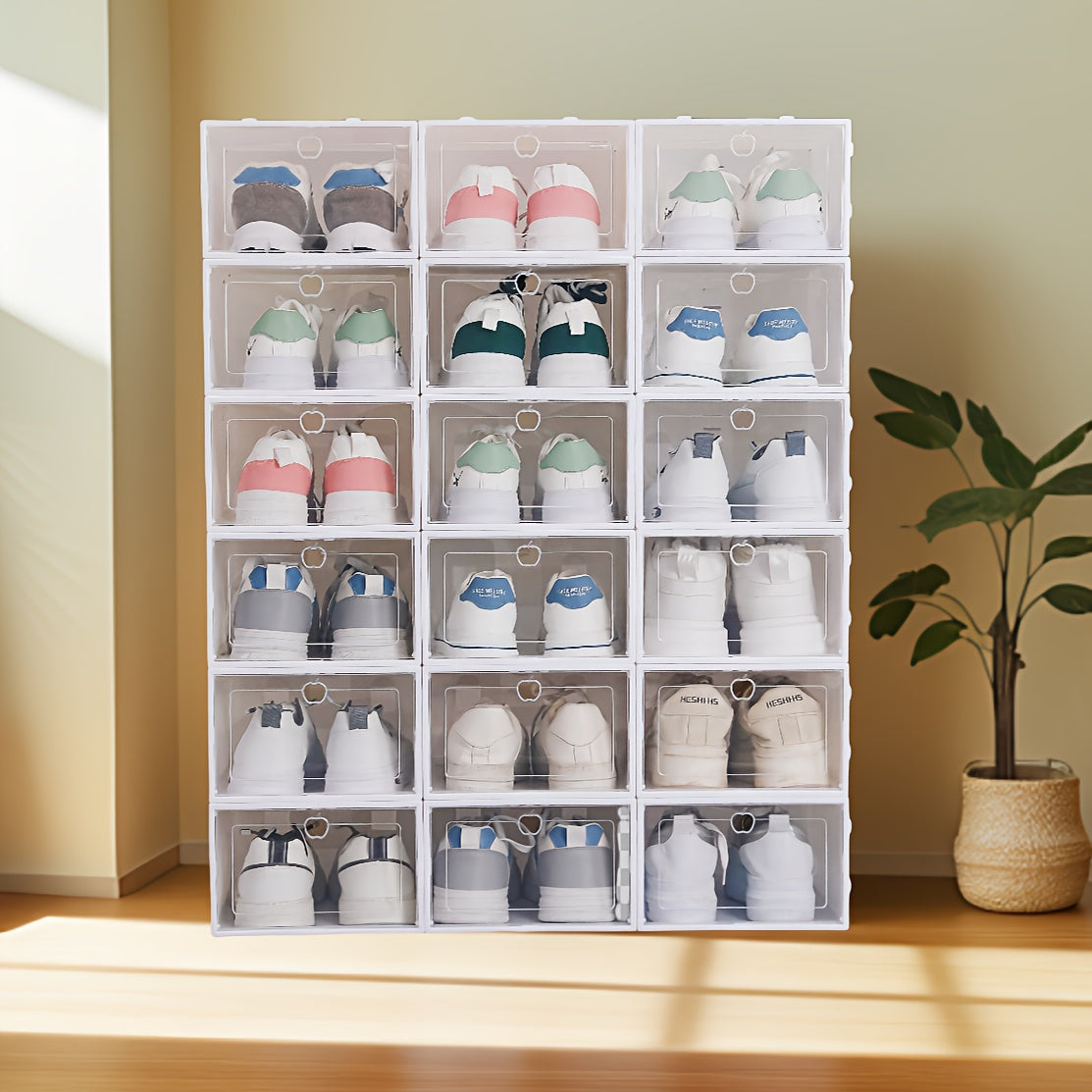 15 clear plastic shoe storage boxes with flip top opening for versatile shoe organization at home. Not waterproof.