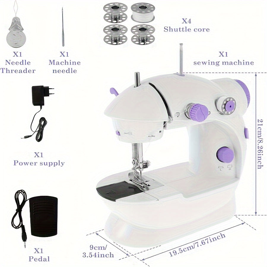 MOOYE Mini Electric Sewing Machine in White with Purple Accents, European Voltage. Includes Accessories and Beginner Crafting Tool. Perfect for Home Use.