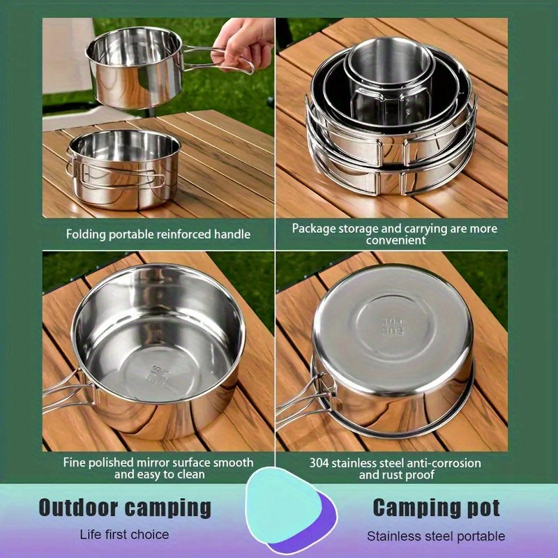 A complete set of 6 stainless steel outdoor cookware pieces for camping and picnics. This set includes a versatile multi-use board, 2 folding pots, a frying pan, and cups, all packed neatly in a storage bag. Rust-proof and portable for easy cooking